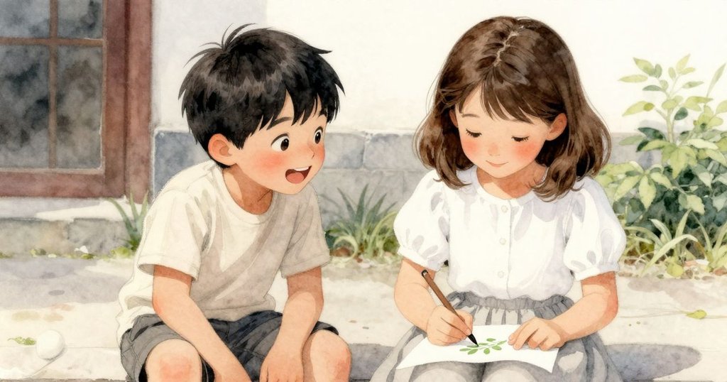 在花園階梯上,Astrid專心地畫著樹葉,而Everett愉快地在旁觀望,兩人互動中洋溢著溫馨創意。