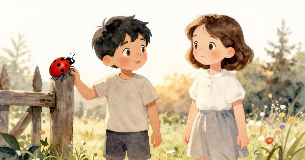 在金色夕陽下,一隻鮮紅的瓢蟲停在老舊門柱上,溫暖光線灑落花園,營造出平和而充滿驚奇的收結。