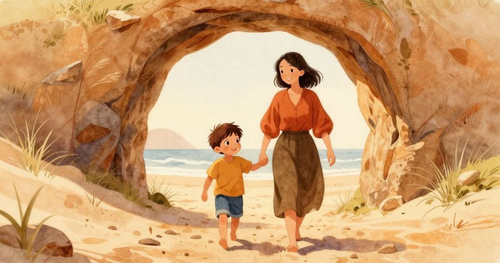 小孩踏入海灘,與母親同行於沙丘門框中,早晨柔和光線映照下呈現溫暖期待,充滿探索情緒