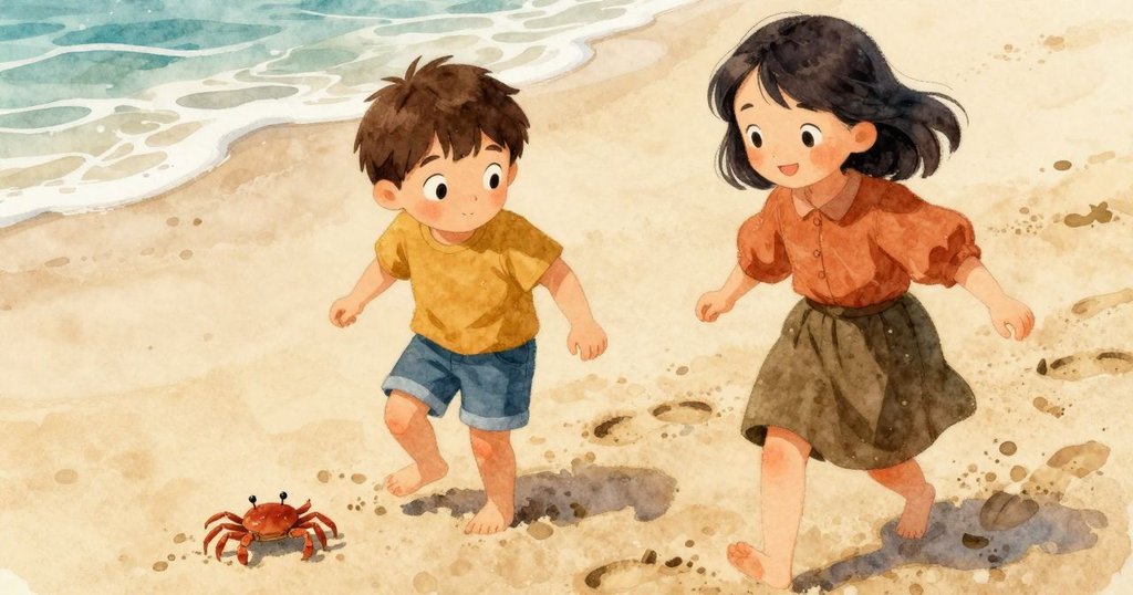 從螃蟹視角觀察沙印逐漸消失,細沙與海草隨微風輕拂展現自然細節,洋溢寧靜氣息