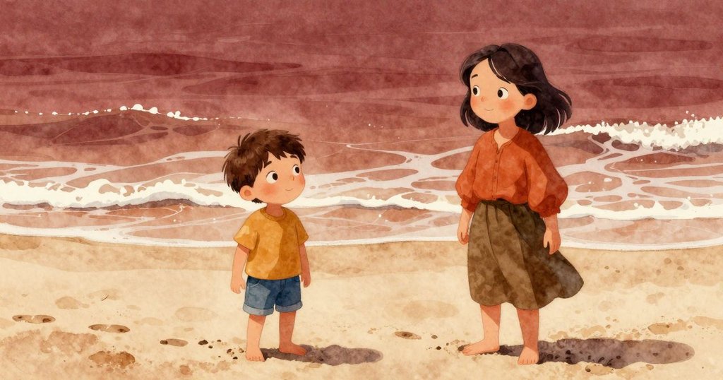 在逐漸升溫的陽光下,沙印漸模糊,母子靜觀海浪低語與沙面變化,環境充滿恬靜氛圍