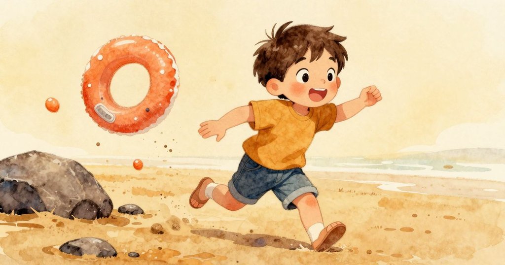 小孩在潮濕沙灘上快樂奔跑,伸手觸碰飄浮泡沫,動作自然生動,洋溢著夏日活力