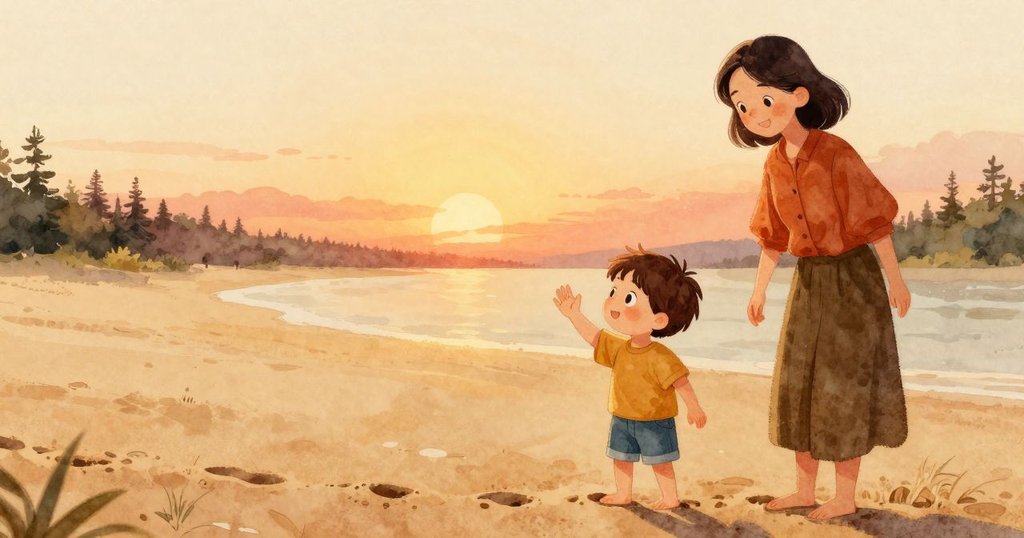 小孩在夕陽下向逐漸消失沙印揮手告別,母親微笑陪伴,寧靜海邊映襯出美好結局,氛圍溫馨