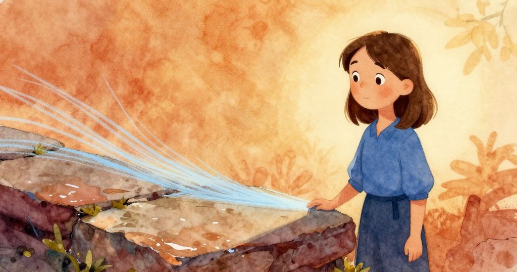 老師在晨光映照下站在濕石前，藍色粉筆波浪緩緩展開，輪廓清晰，象徵故事開始的景象