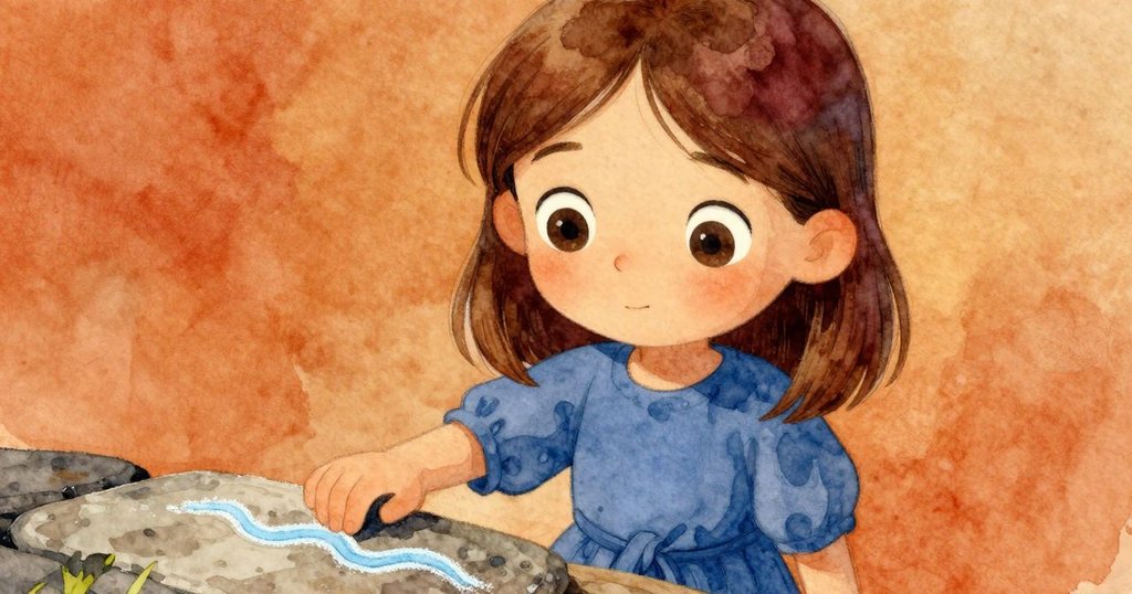 老師的雙眼專注注視逐漸消退的藍色粉筆波浪，濕石細節和屋簷滴水映襯出溫柔好奇情感