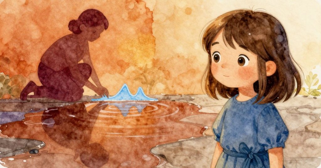 濕石上小水坑中映出老師與逐漸消逝的藍色粉筆波浪，波紋輕柔流動，神秘而溫柔的時光印記