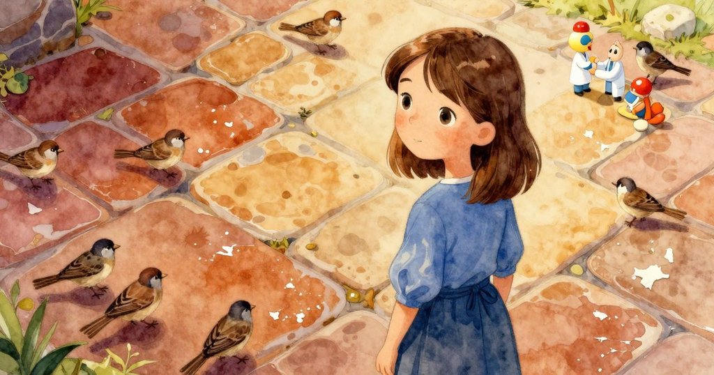 從高處俯瞰濕石景象，老師在遠處注視，兩隻小麻雀飛舞，殘舊玩具醫生的漆皮隱約可見