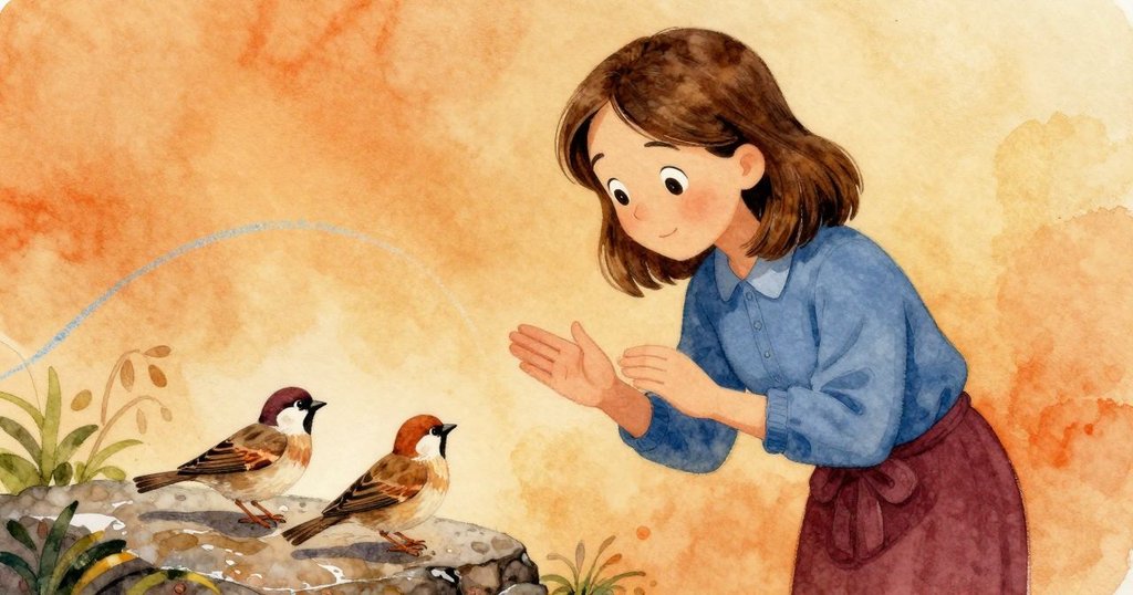 老師與兩隻小麻雀親切互動慶祝，濕石上藍色粉筆波浪靜謐延伸，笑容洋溢出溫暖午后情意