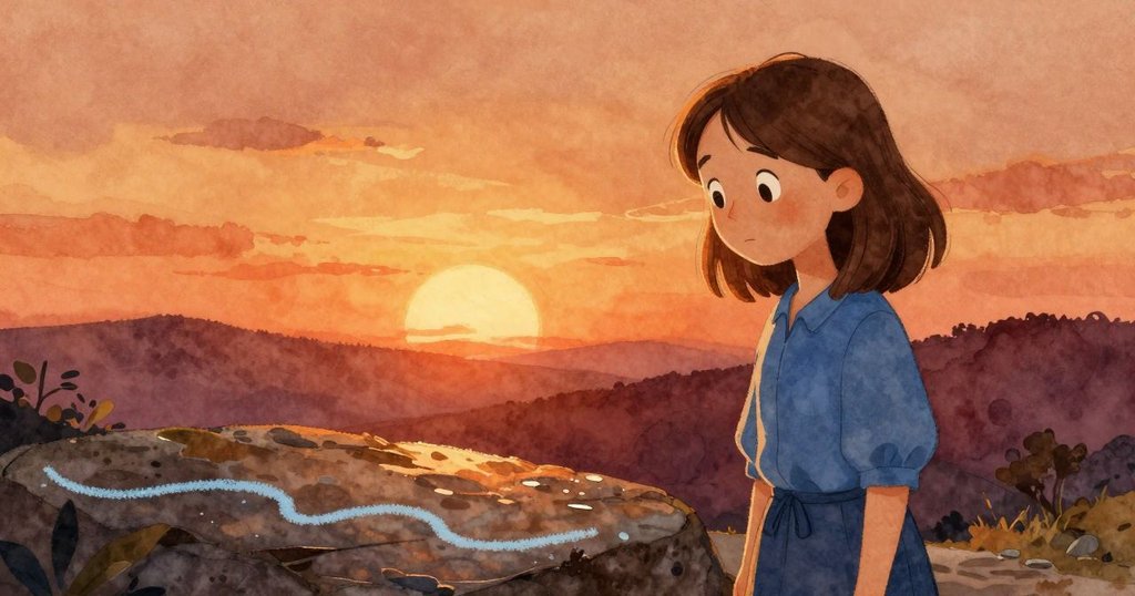 夕陽餘暉中老師靜坐凝望漸淡藍色粉筆波浪留痕，濕石映出金黃光澤，呈現靜謐美好結局