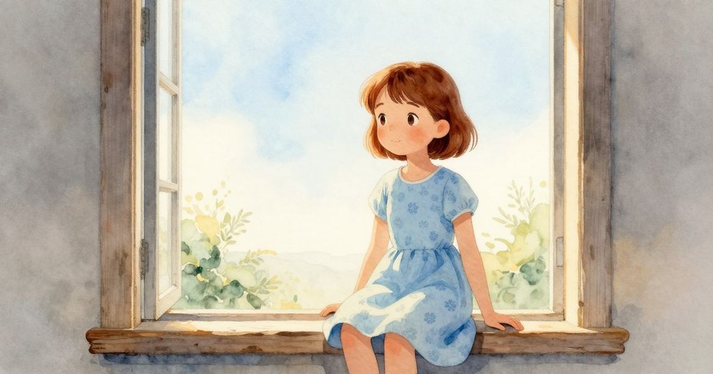 Ruby坐在窗邊，晨光柔和灑入房內，手邊有水杯，開始充滿溫馨的新一天。