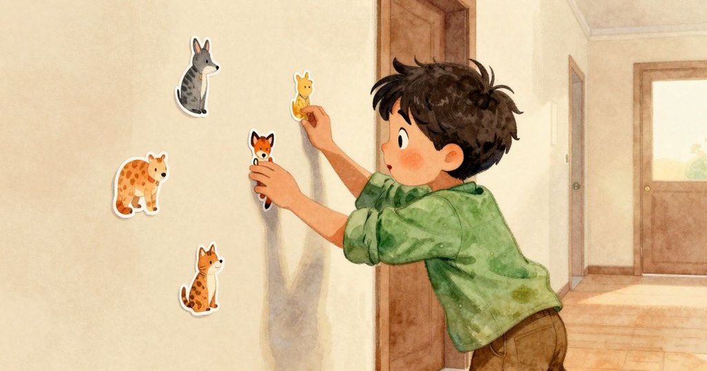Max在走廊中專注地貼上動物貼紙，排列海象、海豹與章魚，家中溫馨生動展開情節。