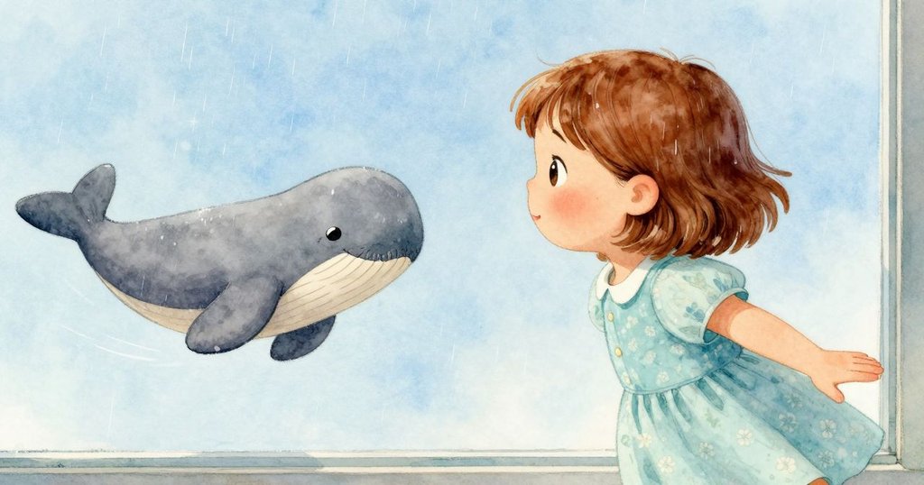 雨中海象貼紙輕輕飄落到Ruby已清潔的窗面上，瞬逝間遮住外景，呈現溫馨戲劇性轉折。