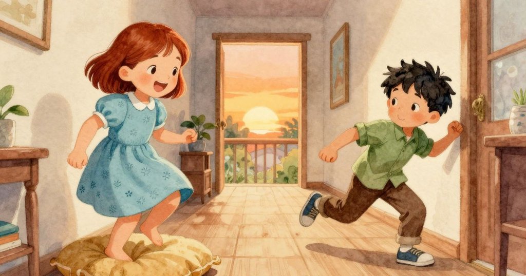 Ruby歡笑著從墊子上跳起，Max在走廊輕聲'噢'，活動氣氛充滿家中快樂與輕鬆情緒。