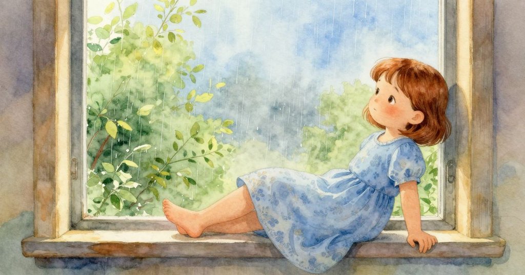 Ruby再次坐回窗邊，靜思早晨趣事，窗外雨滴輕敲玻璃，溫馨寧靜地迎來結局。