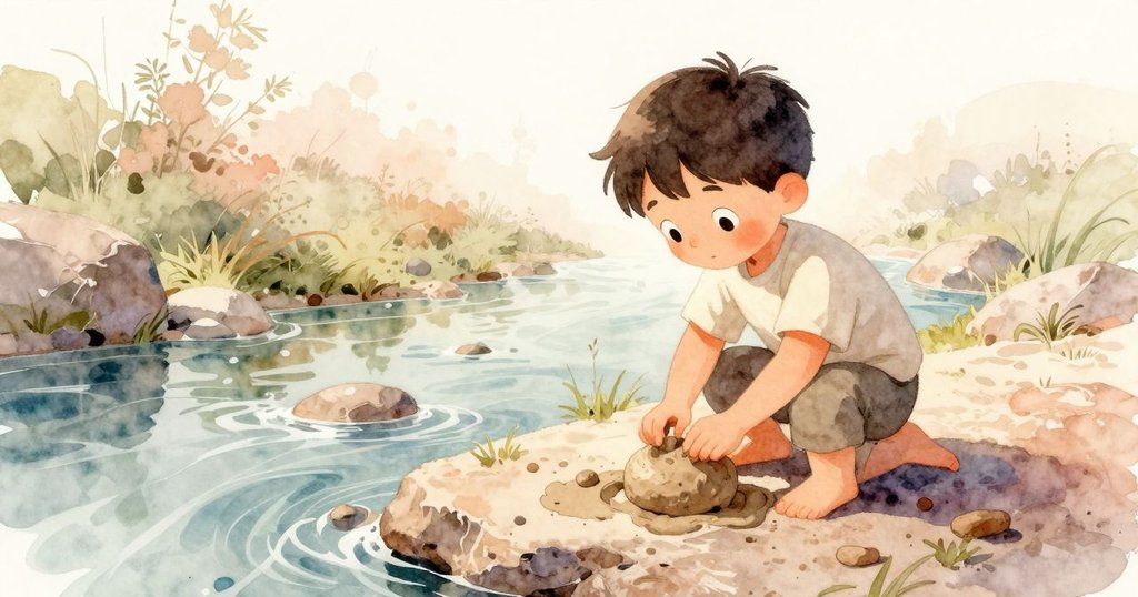 烏利西斯在溪邊岩石上塑形黏土，剪影映照晨光，背景溫暖展現自然風光與創作開始。