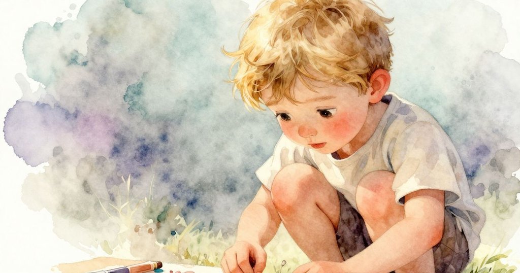 塞爾溫蹲在溪邊凝視烏利西斯作業，眼神專注流露好奇，溫柔光影襯托其內心世界。