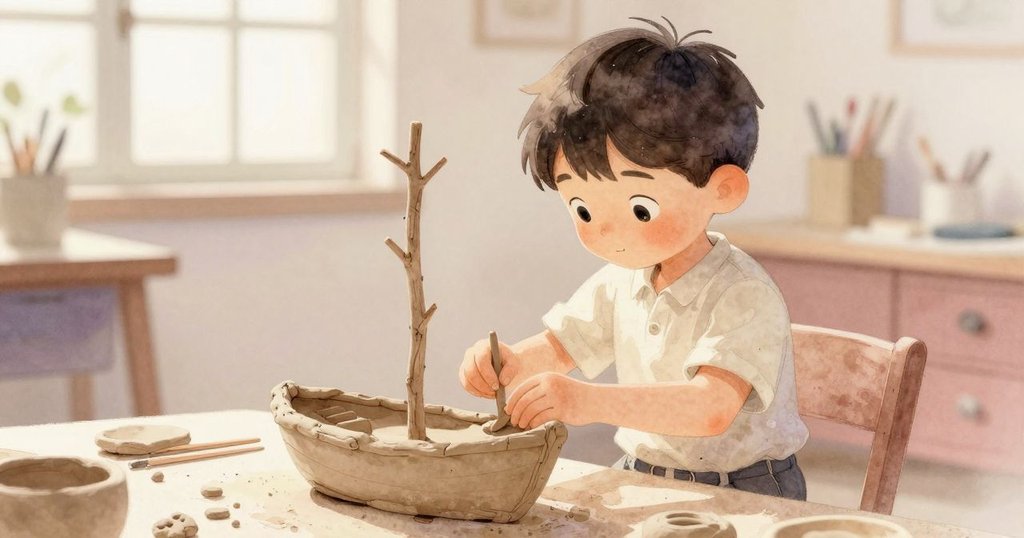 烏利西斯在小巧工坊中細心修補泥船，窗外自然光灑入，專注神情展現創造力，情節邁向新階段。