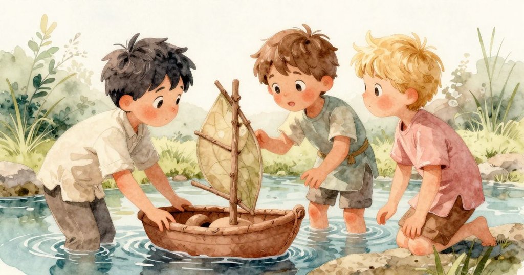 烏利西斯與塞爾溫在溪邊熱烈交流新修船隻，手勢生動，展現合作學習精神，背景溫暖自然。