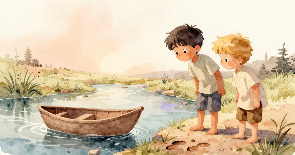 烏利西斯與塞爾溫齊聚溪邊，共同目送修完泥船順流而下，背景金色夕陽映照溫暖重逢情景。