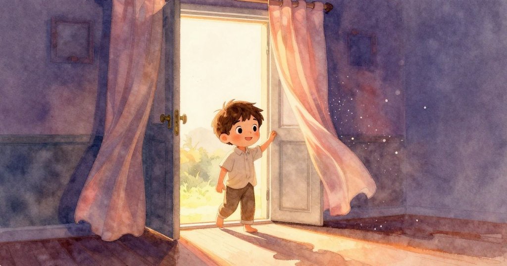 小男孩Luke站在明亮房間的門前，窗簾輕拂，塵埃飛舞，充滿好奇與溫暖家庭氣氛