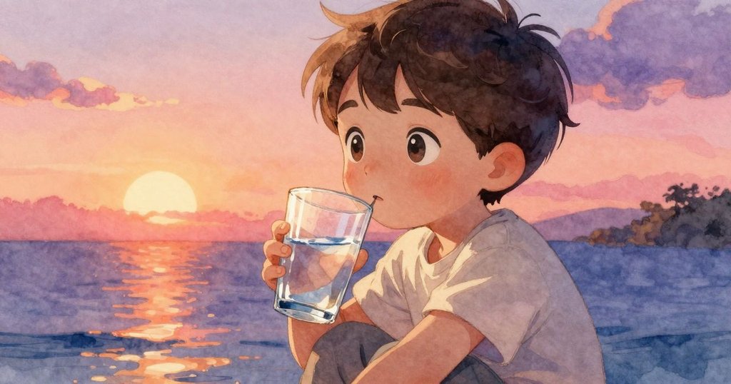 小男孩Luke特寫明亮眼睛，輕觸玻璃杯使水面蕩起細小漣漪，表情充滿快樂與好奇