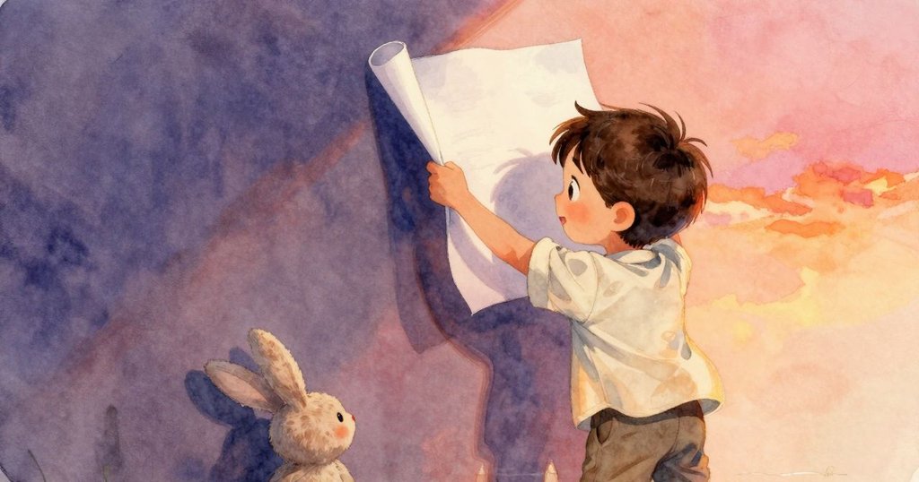 小男孩Luke從背後舉起一卷計劃書，紙張輕拂牆面，同旁毛絨兔驚奇注視，充滿溫暖室內光線