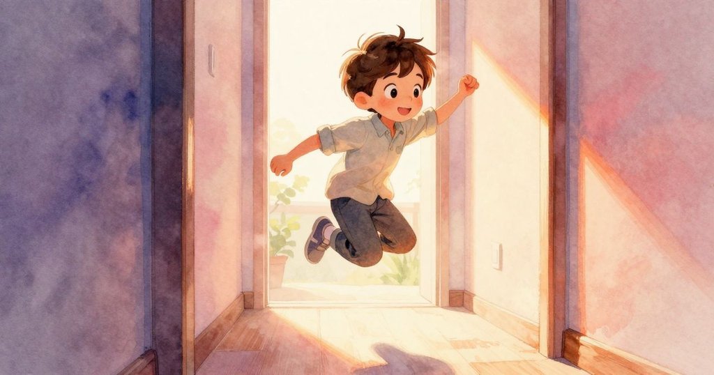 小男孩Luke在溫暖走廊中跳躍，迎接晨光與親切問候，動作充滿期待與喜悅