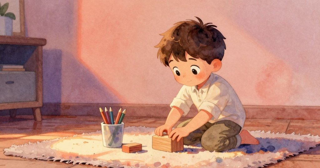 小男孩Luke在房間角落輕拍木塊，鉛筆在杯中微微搖晃，陽光與影子交錯，展現溫暖家居情境