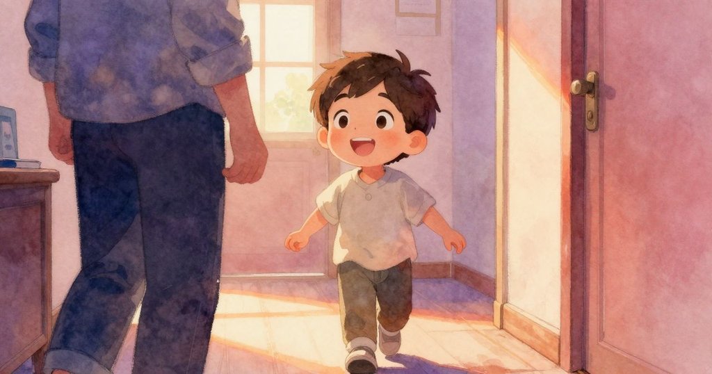 小男孩Luke在溫馨走廊中與家長重逢，臉上洋溢著快樂和歸屬感，情景充滿家庭溫暖