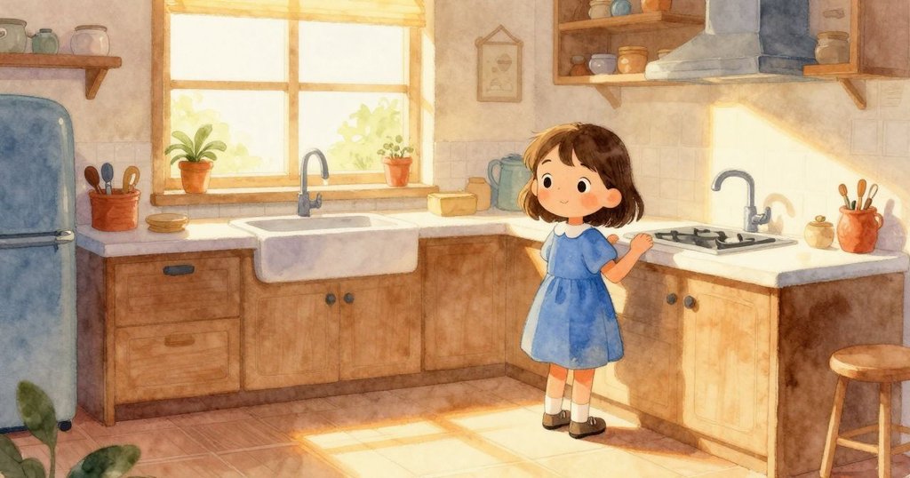 布萊絲在明亮廚房中站在櫃台旁，觀察滴水的水龍頭和升起的蒸氣，臉上帶著期待而平靜的表情