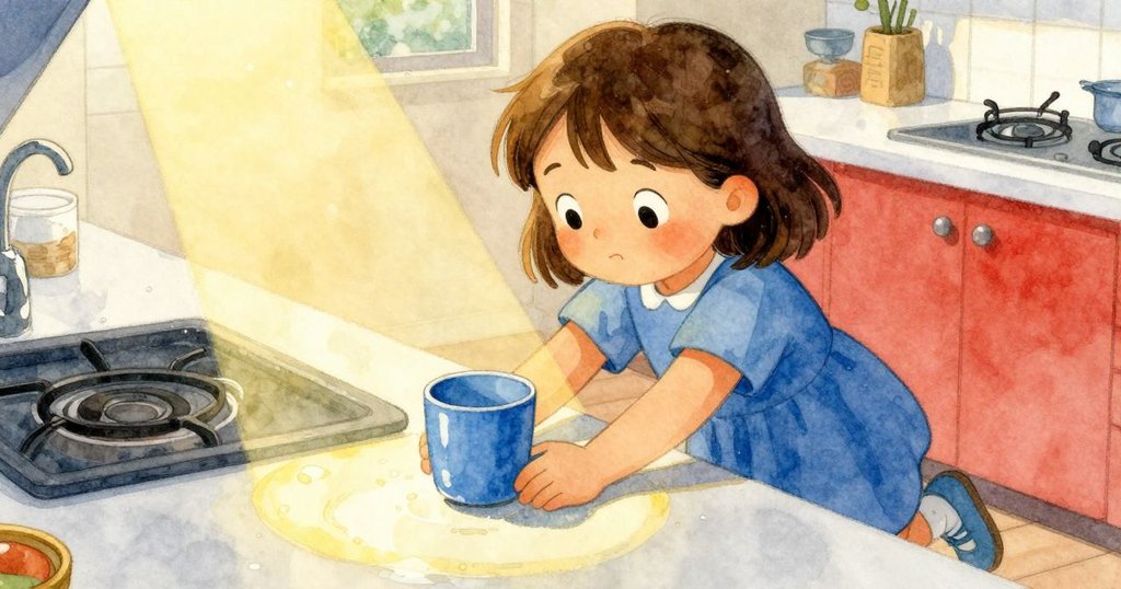 布萊絲輕輕讓藍色杯子滑出，杯子在濕潤櫃台上閃著光，呈現出細膩與準備儀式的意義