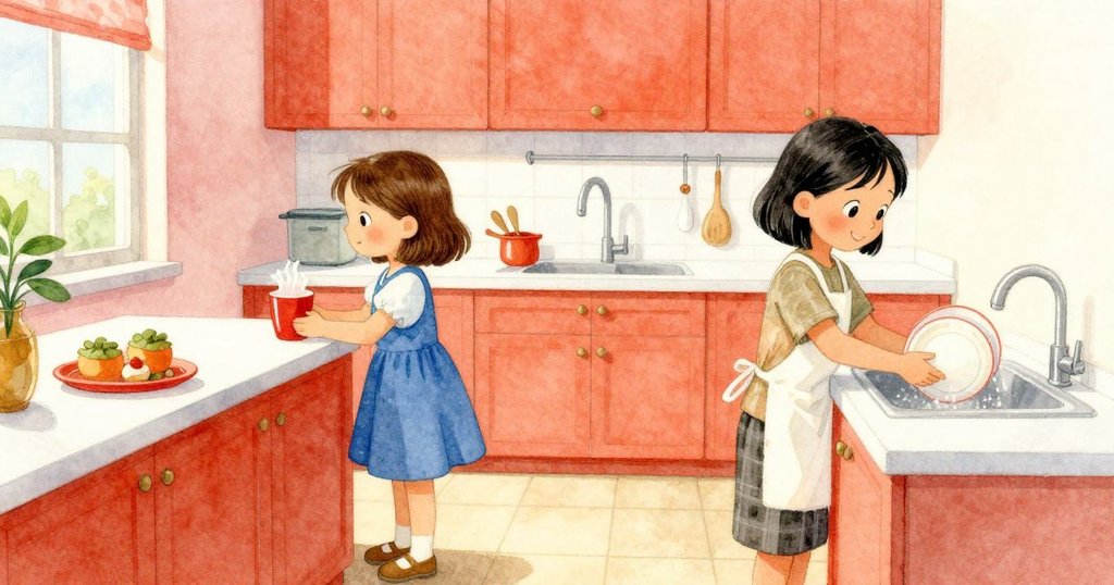 在廚房中分割畫面，布萊絲於櫃台上舉著紅色杯子揮手，賽蓮則忙著擦洗盤子，展現姊妹間默契