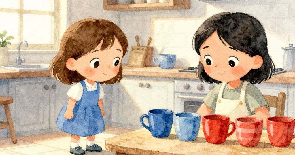 在廚房隱蔽角落裡，藍色與紅色杯子整齊排列，接受柔和光線照射，傳達著細膩與溫暖的秩序