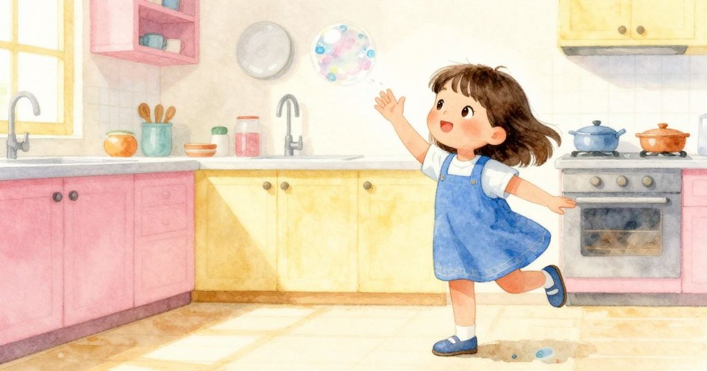 布萊絲揮臂時，一顆透明泡泡在光線中閃爍並爆裂，她充滿喜悅的神情活化整個廚房