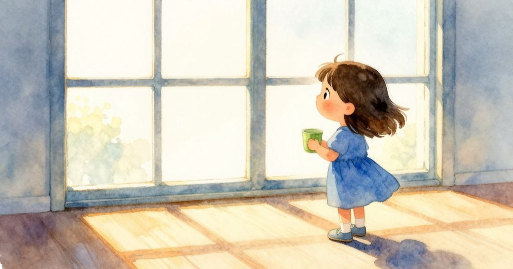 布萊絲手持綠色杯子站於櫃台前，背向透亮窗戶看向晨光中未來的希望與成就，神情充滿寧靜期待