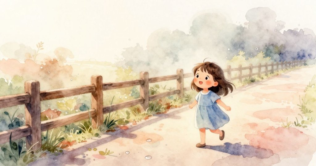 在陽光下的小徑上，Josie 膝蓋跪著觀察閃著露珠的木柵欄，表情充滿好奇與期待。