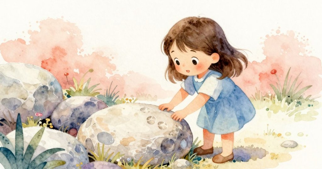 Josie 用小手觸摸冰涼石頭，旁邊有金黃玫瑰和木柵欄，展現探索細節的神情。