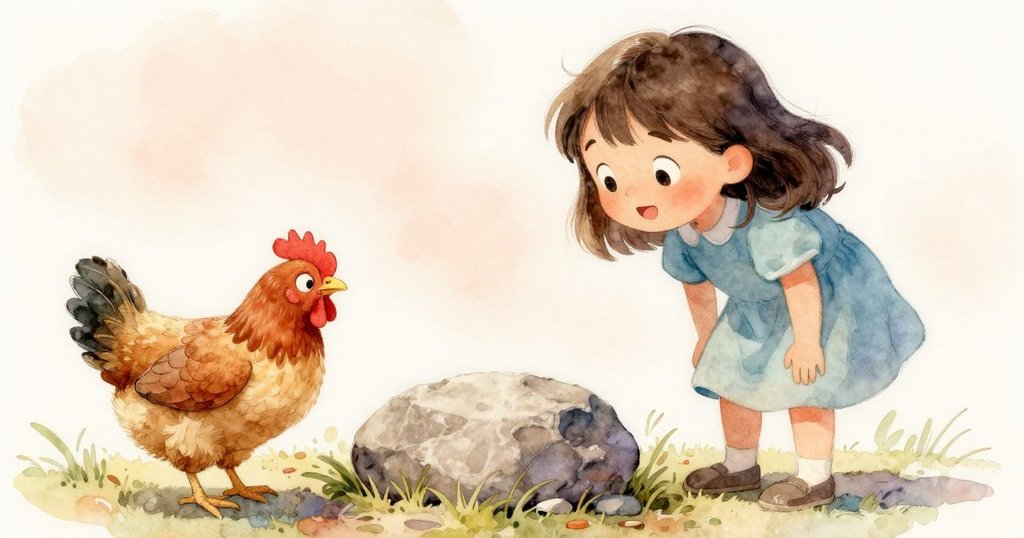 從一隻母雞視角觀察，Josie 正仔細研究石頭，周圍是充滿溫暖陽光的戶外環境。