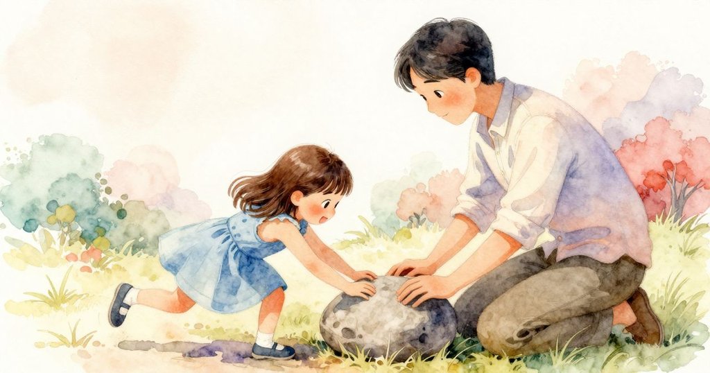 Josie 俏皮地搖動石頭，旁邊的成人人物靜靜觀察，捕捉動感與期待瞬間。