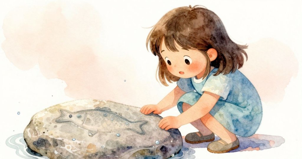 Josie 研究著石上魚形圖案，輕放在黃玫瑰旁，展現靜謐、溫暖與完成探索的神情。