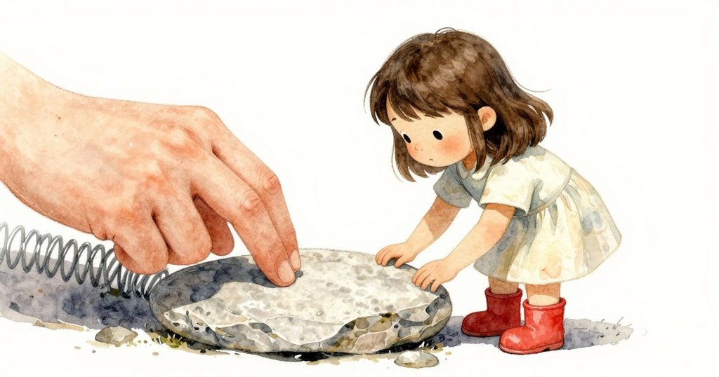 Esme仔細端詳一塊平滑石頭，手握著石頭，旁邊金屬彈簧閃爍，背景有輕鬆帳篷的蹤影