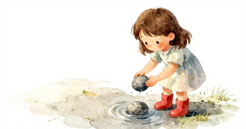 從高角度看見Esme沿著水坑邊行走，將石頭輕輕落入水中，水面泛起細微漣漪，神情專注