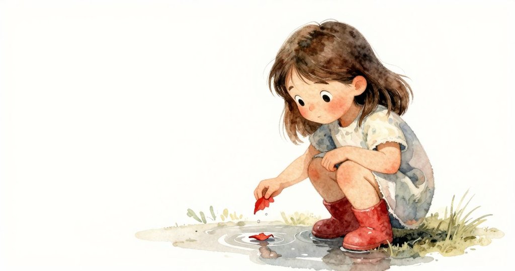 Esme蹲在鏡面般水坑邊，溫柔提起紅葉，水滴輕落，背景庭院安靜充滿溫馨氛圍