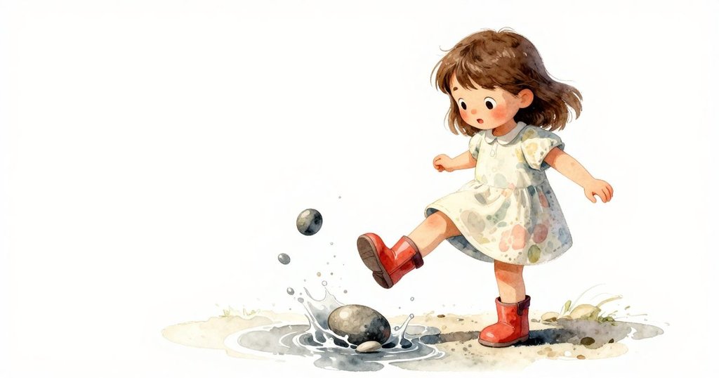 Esme活力踢出石子，水花四濺濕透衣袖，背景中大人點頭示意讚許，展現愉悅氛圍