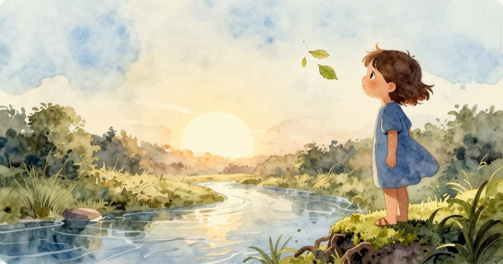 Zinnia站在苔蘚根旁，凝視著溪流上飄轉的樹葉，輪廓清晰，背景溫暖明亮，展現故事開始的靜謐情景。