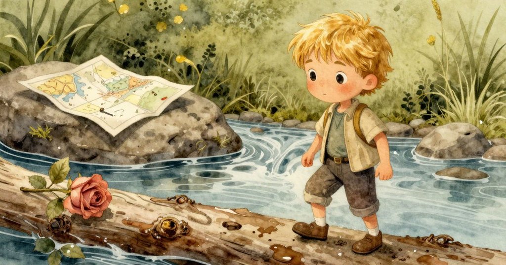 年長孩童踏著濕潤樹皮行走，背景中平滑石頭上有摺疊地圖漂落，光影柔和，展現探索旅程的起點。