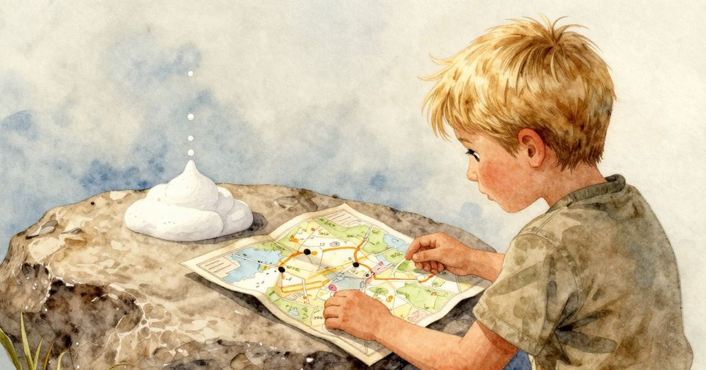 從年長孩童背後望去，映入眼簾的是停在石上的摺疊地圖和邊緣的冷泡沫，展現出驚訝而溫柔的情感。