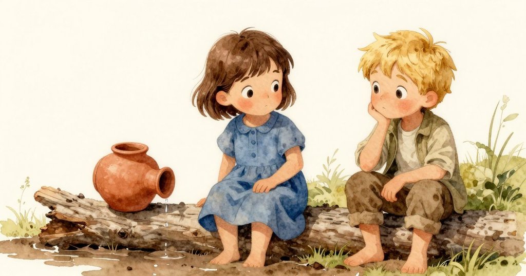 在溪邊的新區域，一個泥製花瓶放在原木上，水滴落入花瓶致使其傾斜滾入柔軟泥土，展現變化中的自然細節。