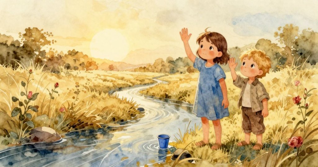 Zinnia與年長孩童在夕陽下向溪流揮手告別，藍色杯子順水流漂走，現出溫暖並充滿告別情懷的場景。