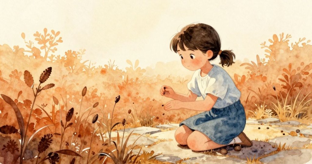 Lena 在晨光中膝跪於石徑旁,與樹叢及種子莢互動,背景柔和,流露出好奇的心情